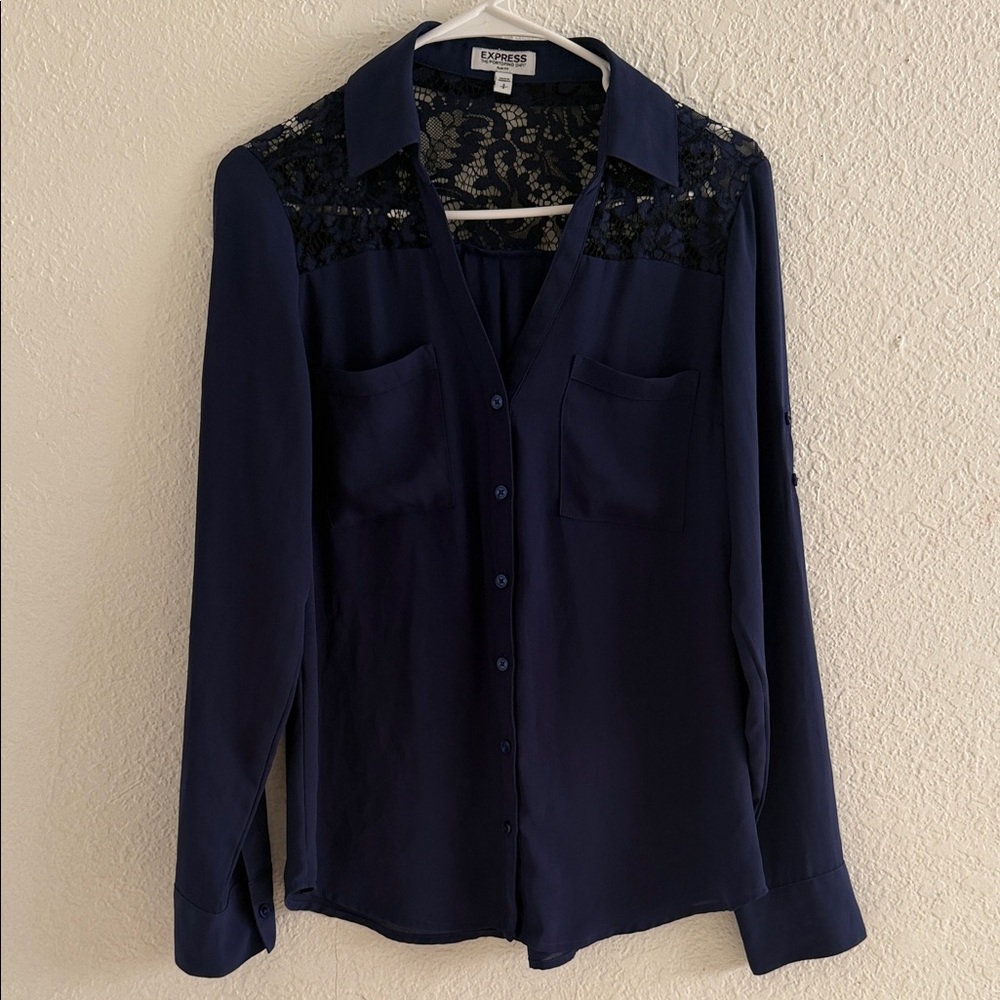 Express Women's Dark Blue Button Down Shirt with Lace
